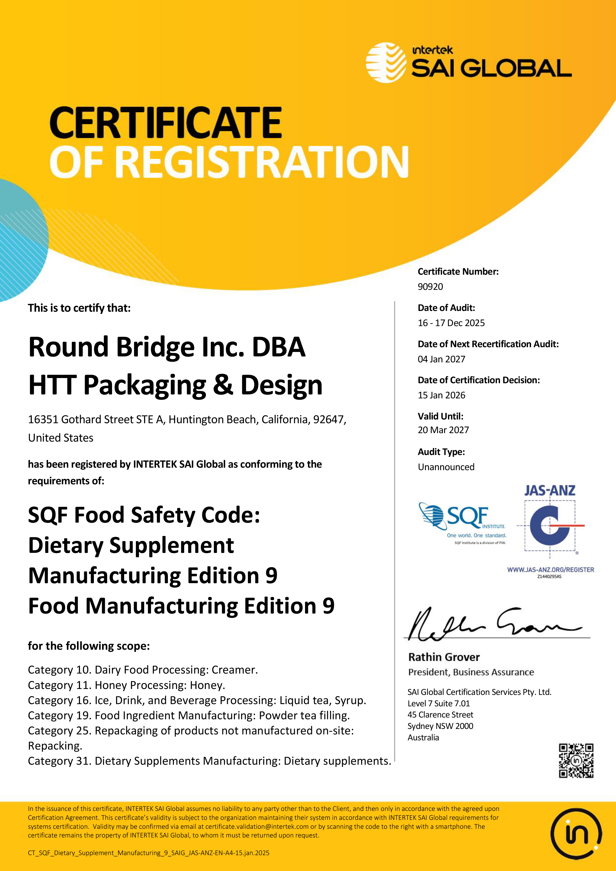 SQF Certification 2026